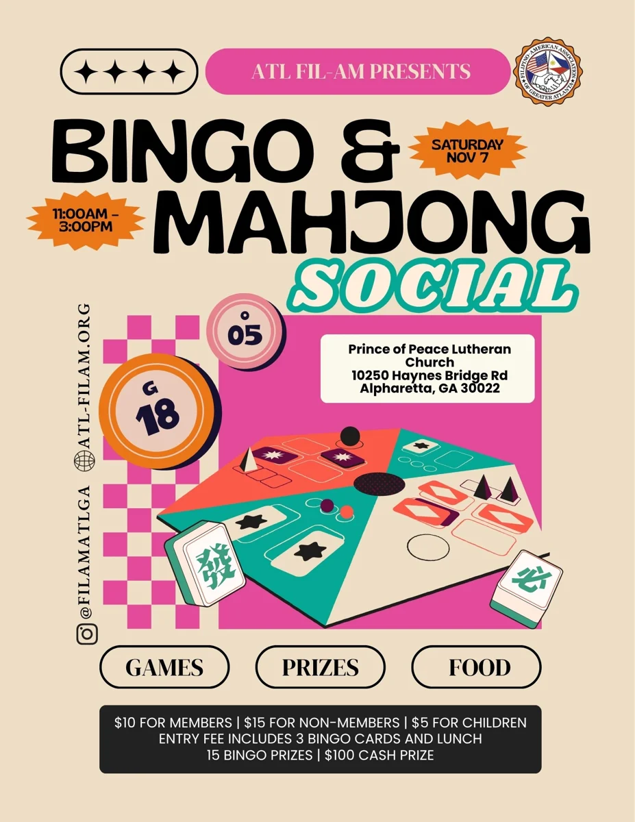 Official Fil-Am Bingo and Mahjong Social poster showing November 7 and Prince of Peace Lutheran Church.