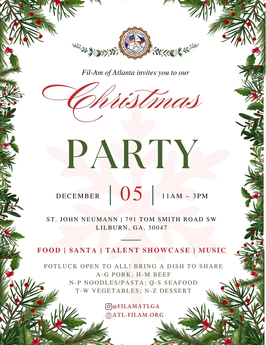Official Fil-Am Christmas Party flyer showing December 5, 11 AM–3 PM, at St. John Neumann.