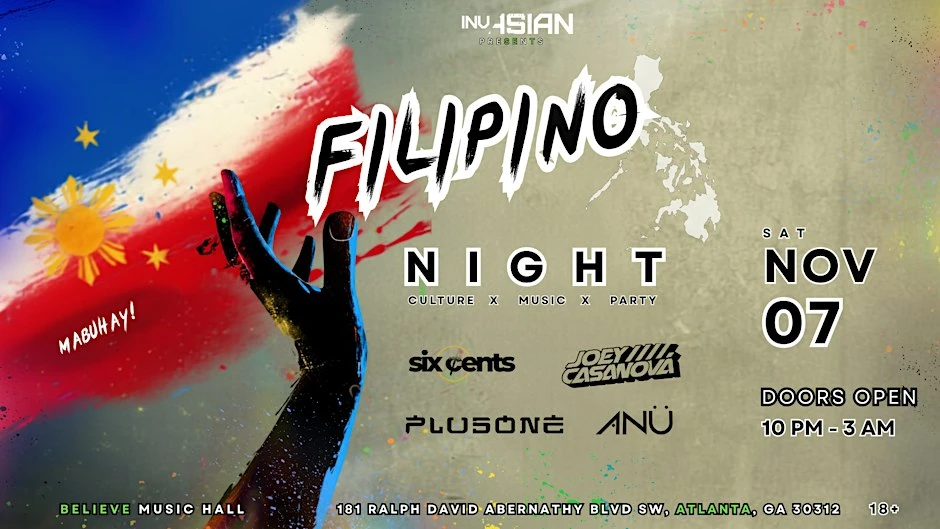 Official Filipino Night promotional poster with Philippine flag colors, the November 7 date, 10 PM–3 AM hours and 18+ rule; not a photograph of the upcoming event.