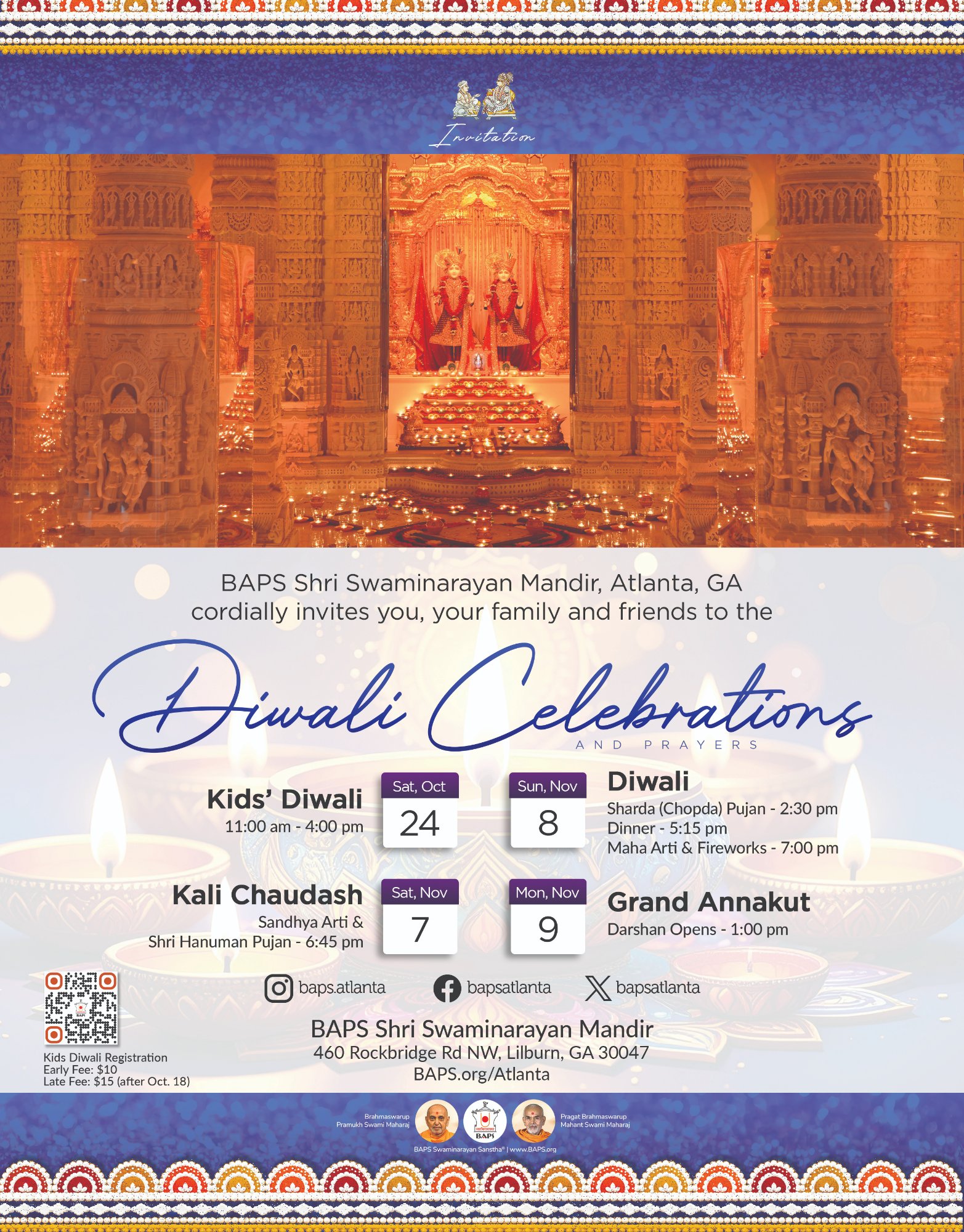 Official BAPS Atlanta multi-date Diwali festival poster; includes separate October and November programs.