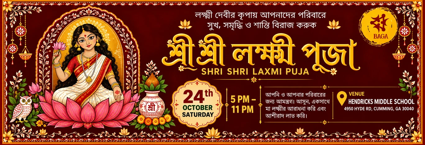 Official BAGA Lakshmi Puja poster showing October 24, the Cumming venue and a 5 PM start; its ending differs from the event page.