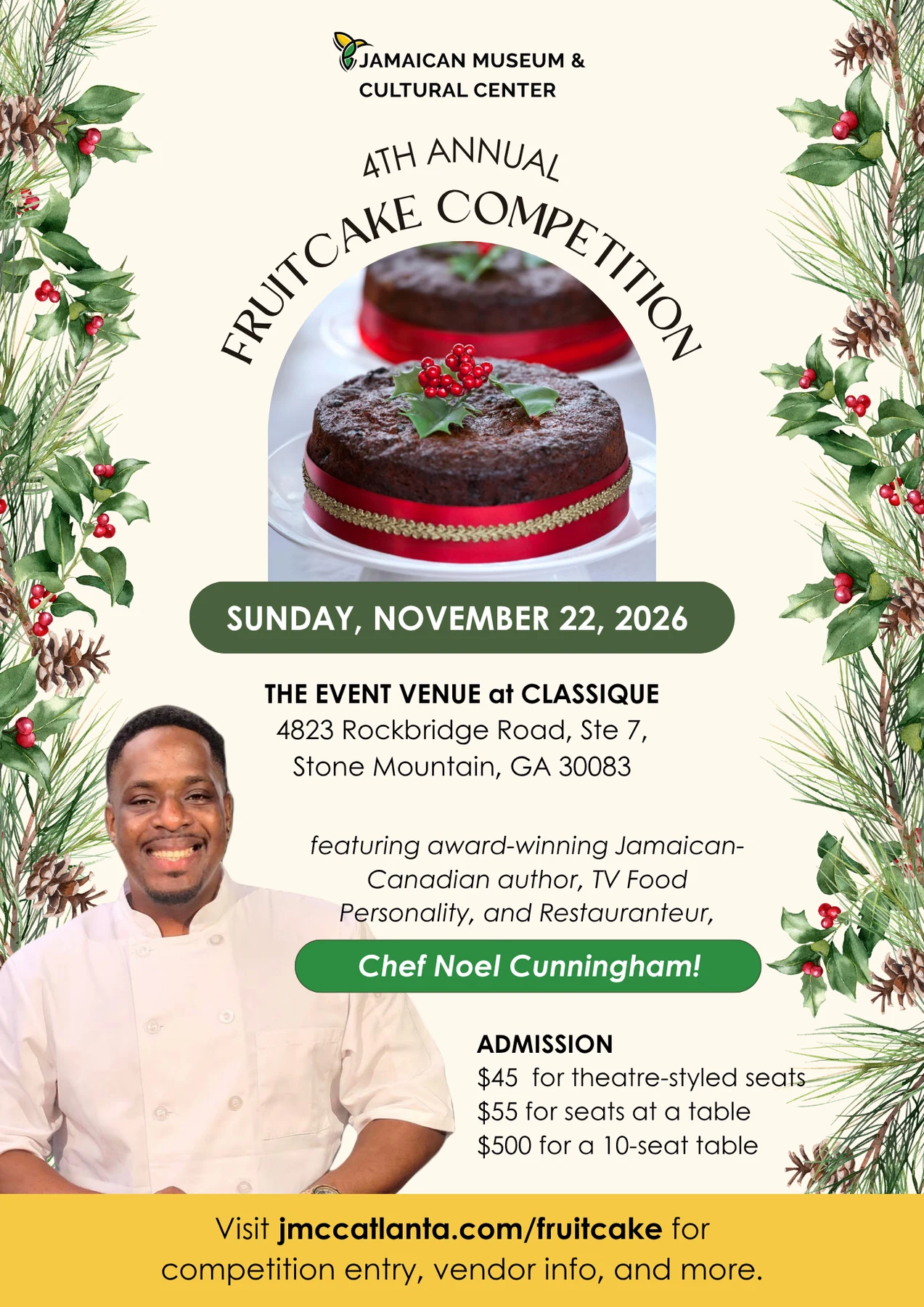 Official 2026 JMCC Fruitcake Competition poster showing November 22, the Classique venue and advertised seating prices.
