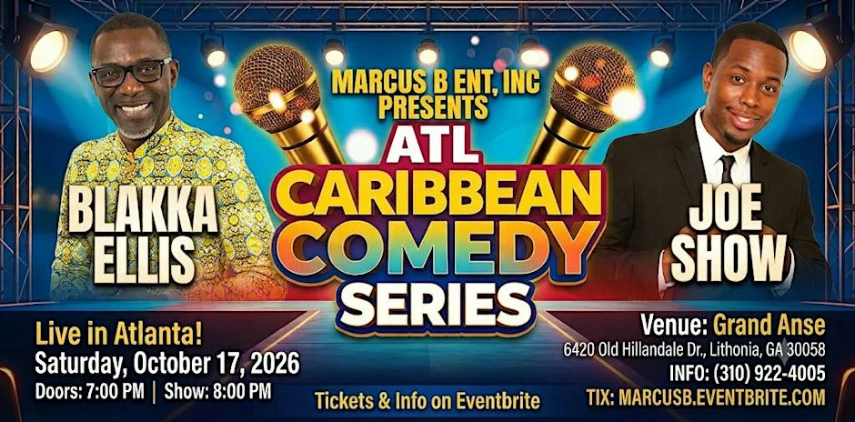 Official Marcus B Entertainment poster naming Blakka Ellis and Joe Show, October 17, 2026, Grand Anse, 7 PM doors and 8 PM show.