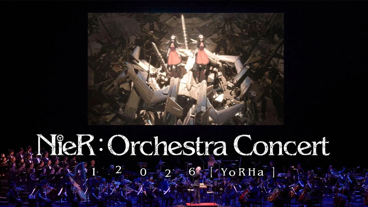 Official Fox Theatre promotional artwork for NieR:Orchestra Concert 12026, combining game imagery and an orchestra; not a photograph of the upcoming Atlanta concert.