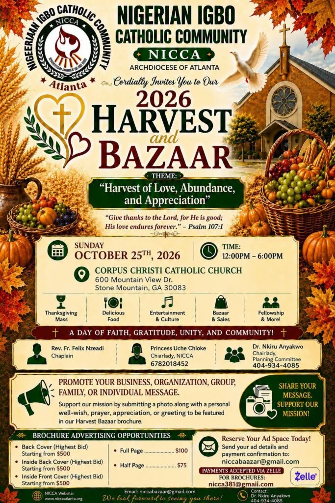Official 2026 NICCA Harvest and Bazaar poster showing October 25, noon–6 PM at Corpus Christi in Stone Mountain.