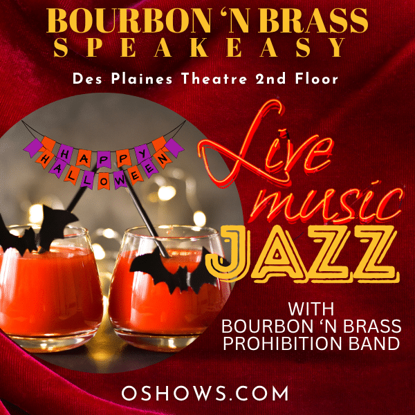 Official artwork for the Bourbon 'N Brass Halloween jazz night at the Des Plaines Theatre.