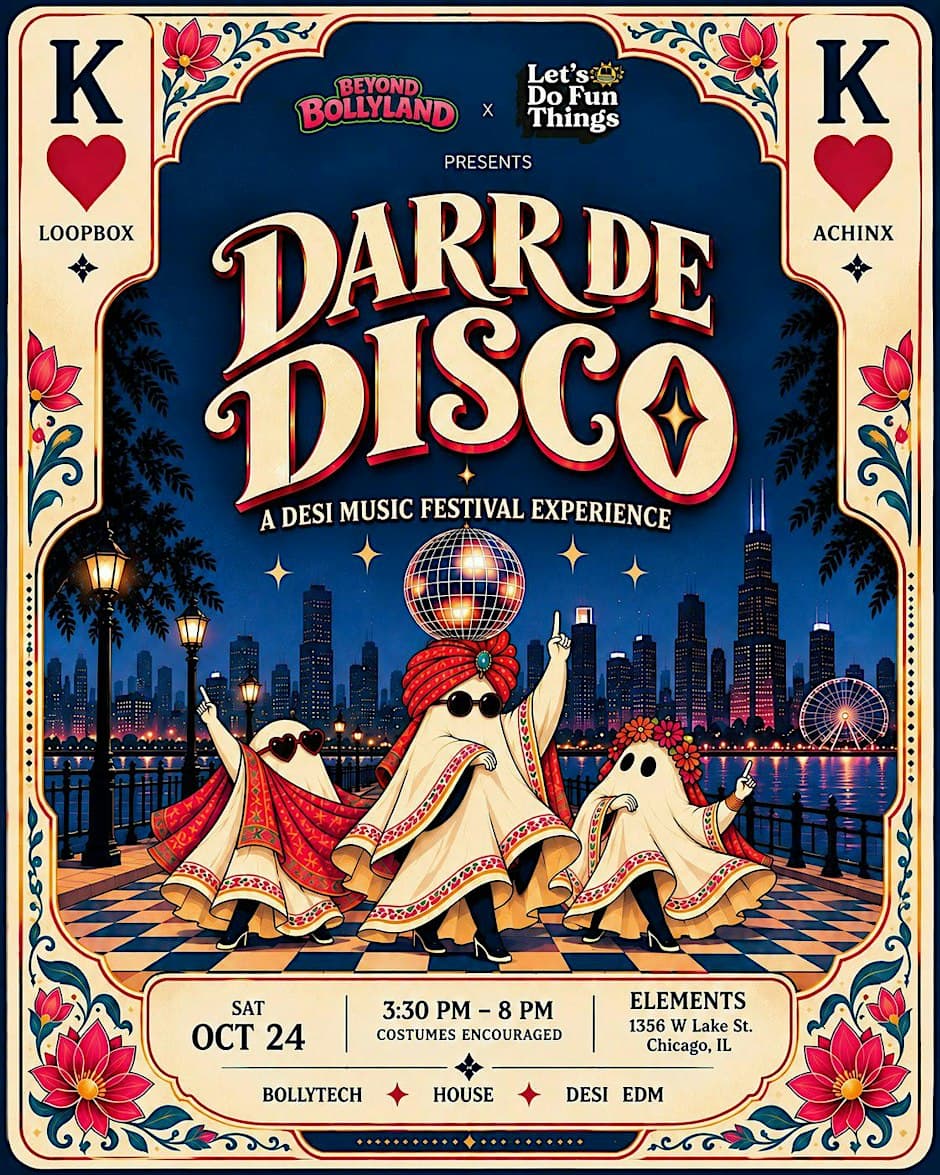 Official Darr De Disco Halloween poster for October 24 at Elements, showing ACHINX, LOOPBOX and 3:30–8 PM; promotional illustration, not event photography.