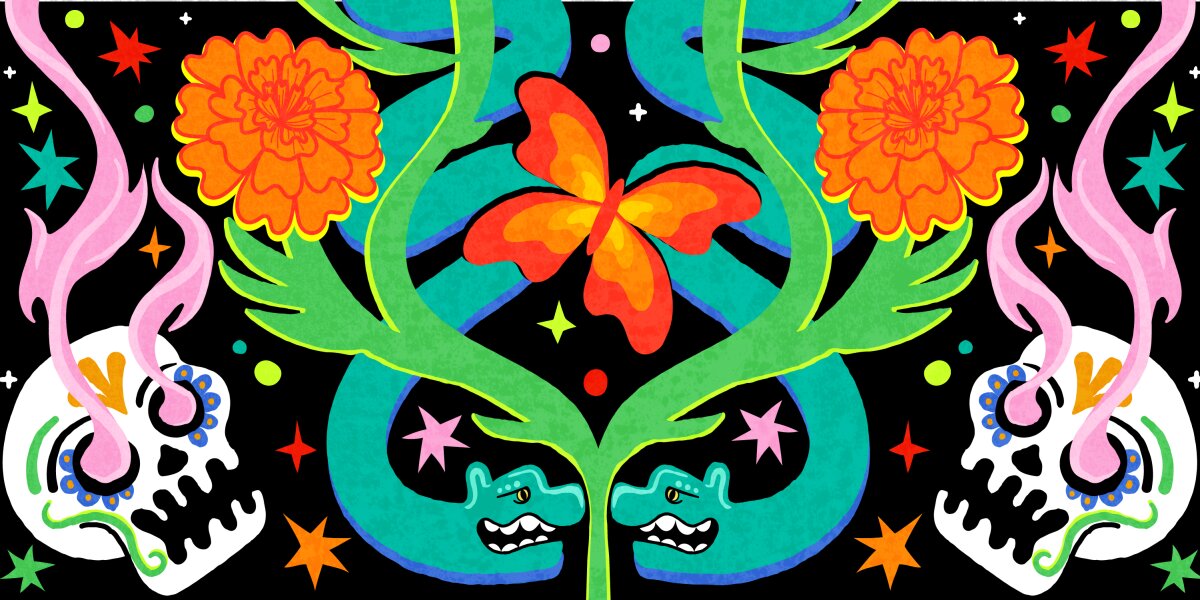Ilustración oficial de Chill Set con calaveras blancas, flores de cempasúchil anaranjadas y una mariposa entre hojas de colores sobre fondo negro.