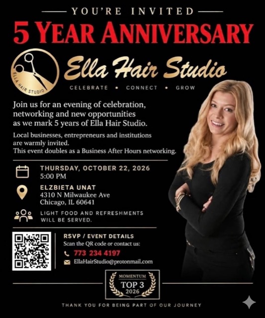 Official Ella Hair Studio fifth-anniversary event invitation