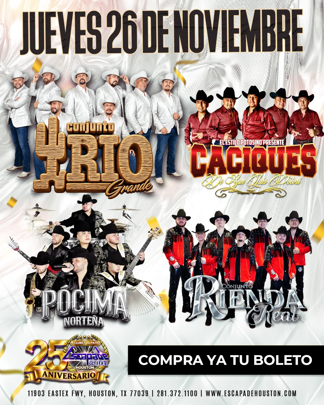 Official artwork for the Conjunto Río Grande night at Escapade 2001 Houston, as listed on the venue's events page.