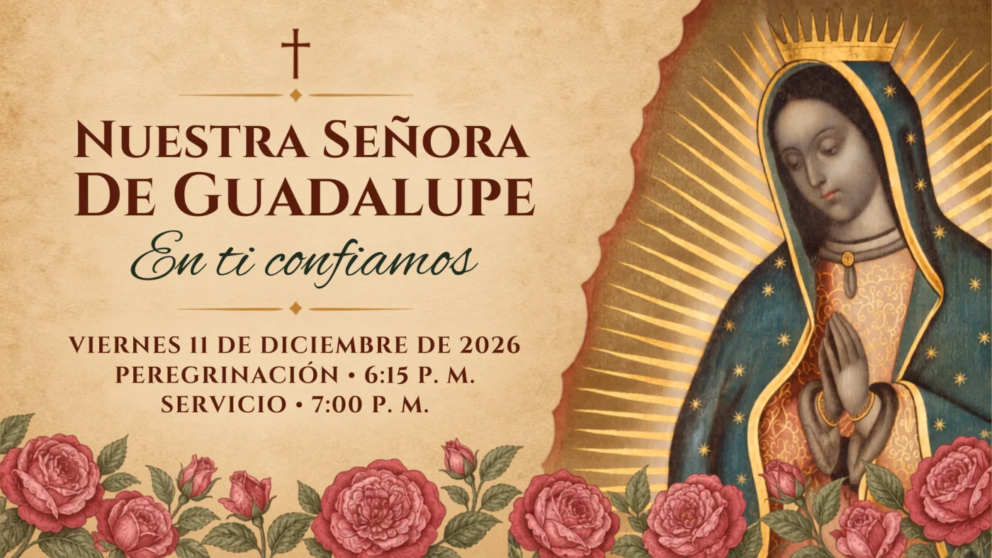 Official December 11, 2026 Nuestra Señora de Guadalupe poster with pilgrimage and service times.