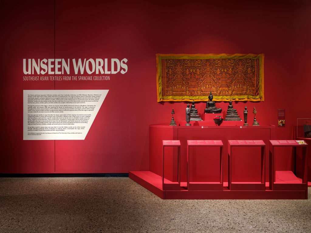 Installation view of Unseen Worlds with textiles and sculpture; photo Kevin Todora, courtesy UT Dallas.