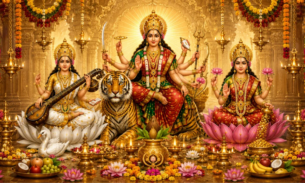 Devotional illustration of the goddesses used by Sri Ganesha Temple for Navarathri.