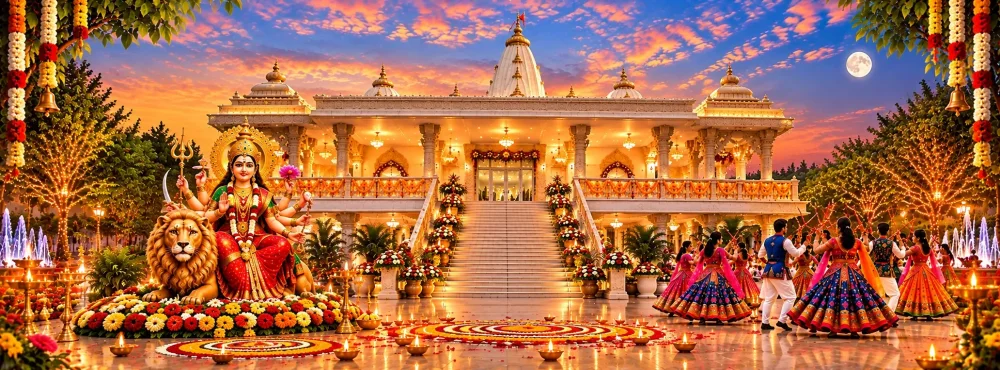 Illustrated Navratri scene supplied on the temple’s Garba booking page; not a photograph of this event.