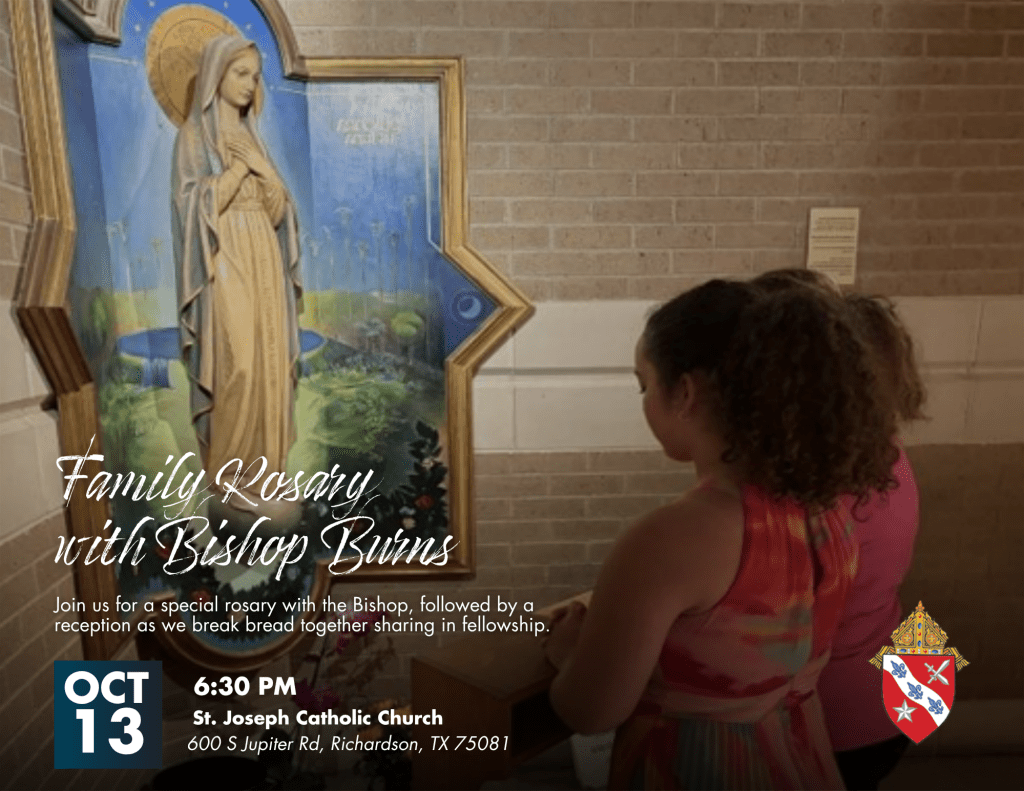 Official Diocese of Dallas flyer for the October 13 family rosary with Bishop Burns at St. Joseph Catholic Church, Richardson.