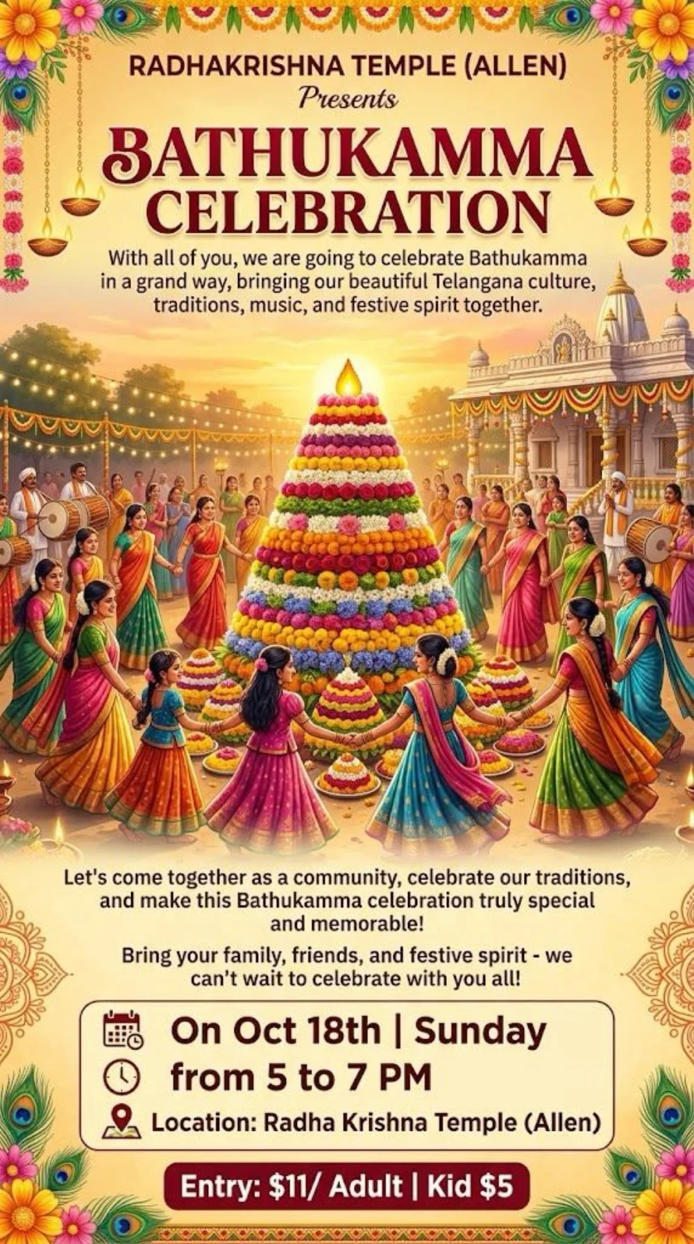 Official Bathukamma Celebration poster showing October 18, 5–7 PM, at Radha Krishna Temple in Allen.