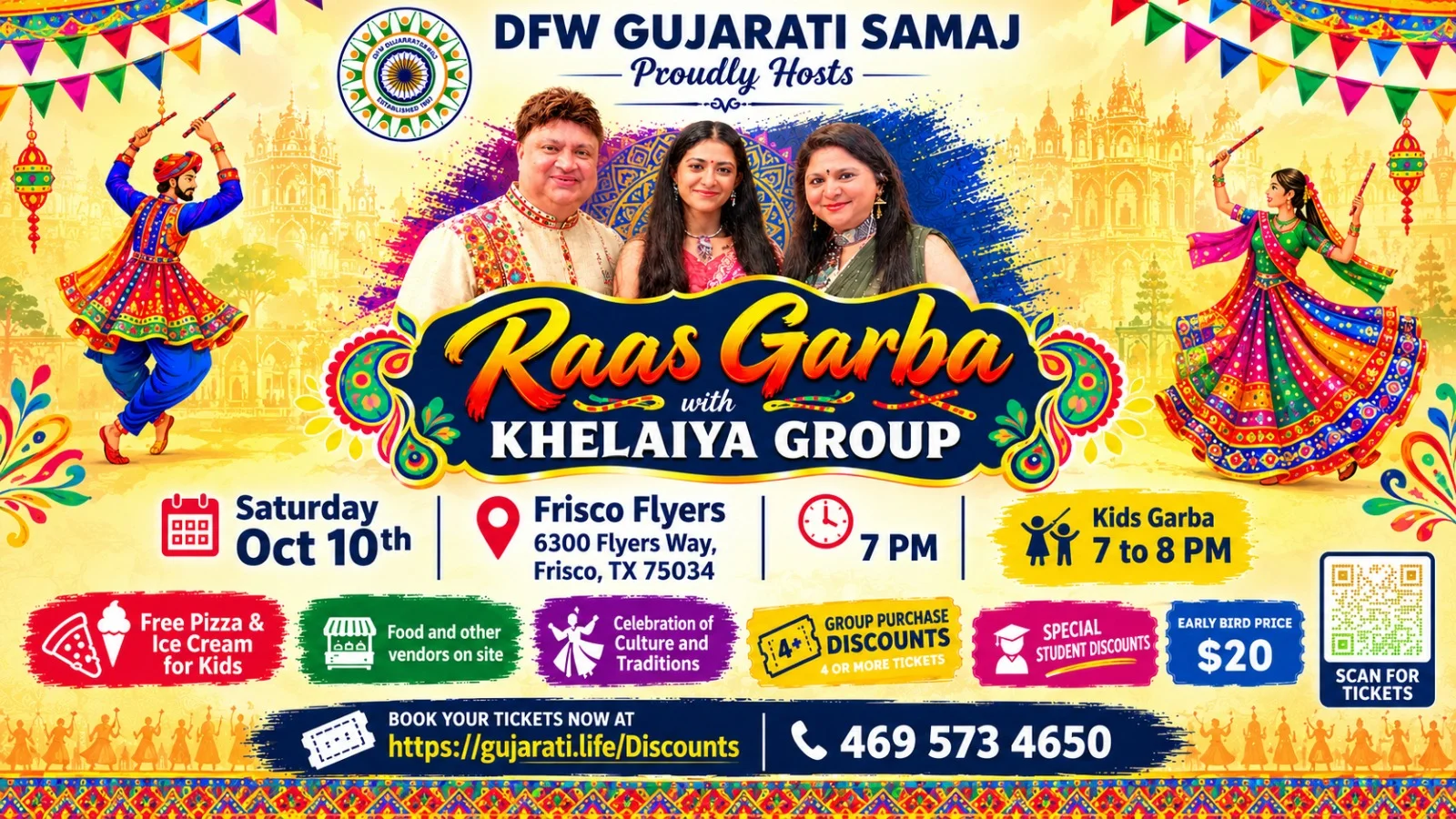 Official poster for DFW Gujarati Samaj’s Khelaiya Garba evening.