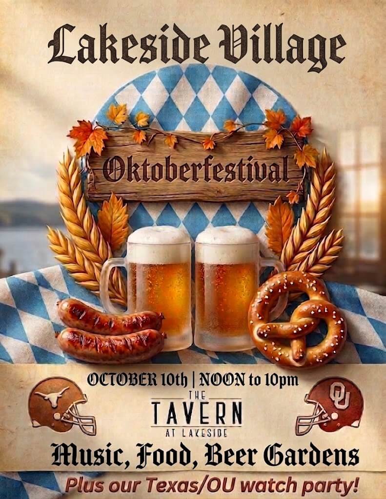 Official Lakeside Village Oktoberfestival poster showing October 10, noon to 10 PM, at The Tavern at Lakeside.