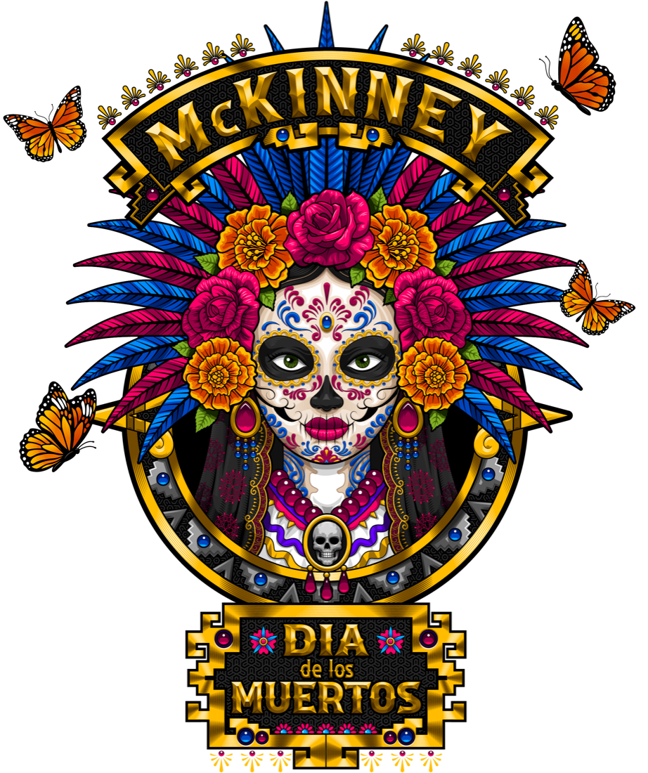 Official McKinney Día de los Muertos logo with a decorated skull, flowers and monarch butterflies.