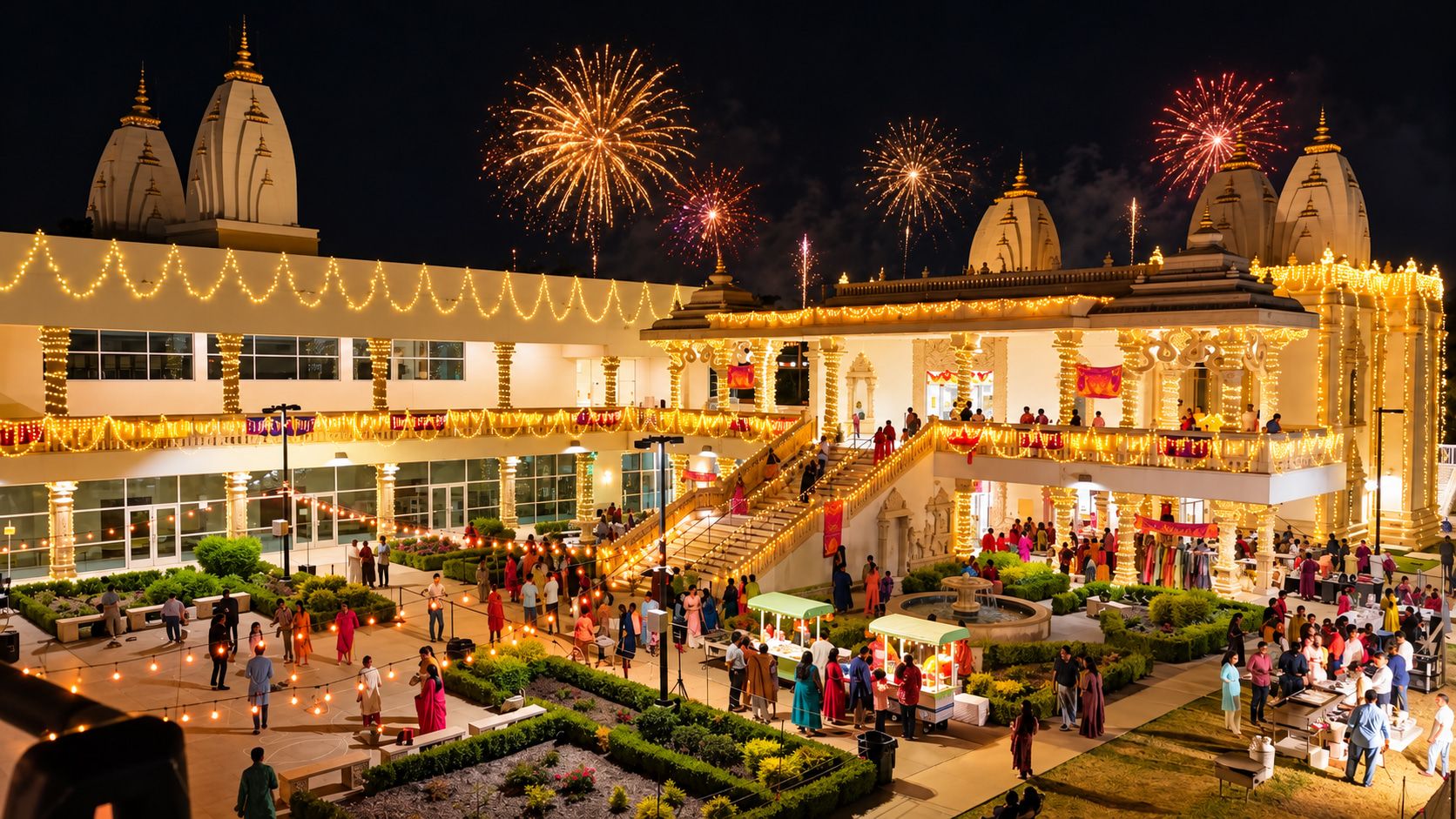 Official artwork showing the Radha Krishna Temple of Dallas illuminated at night for Diwali.