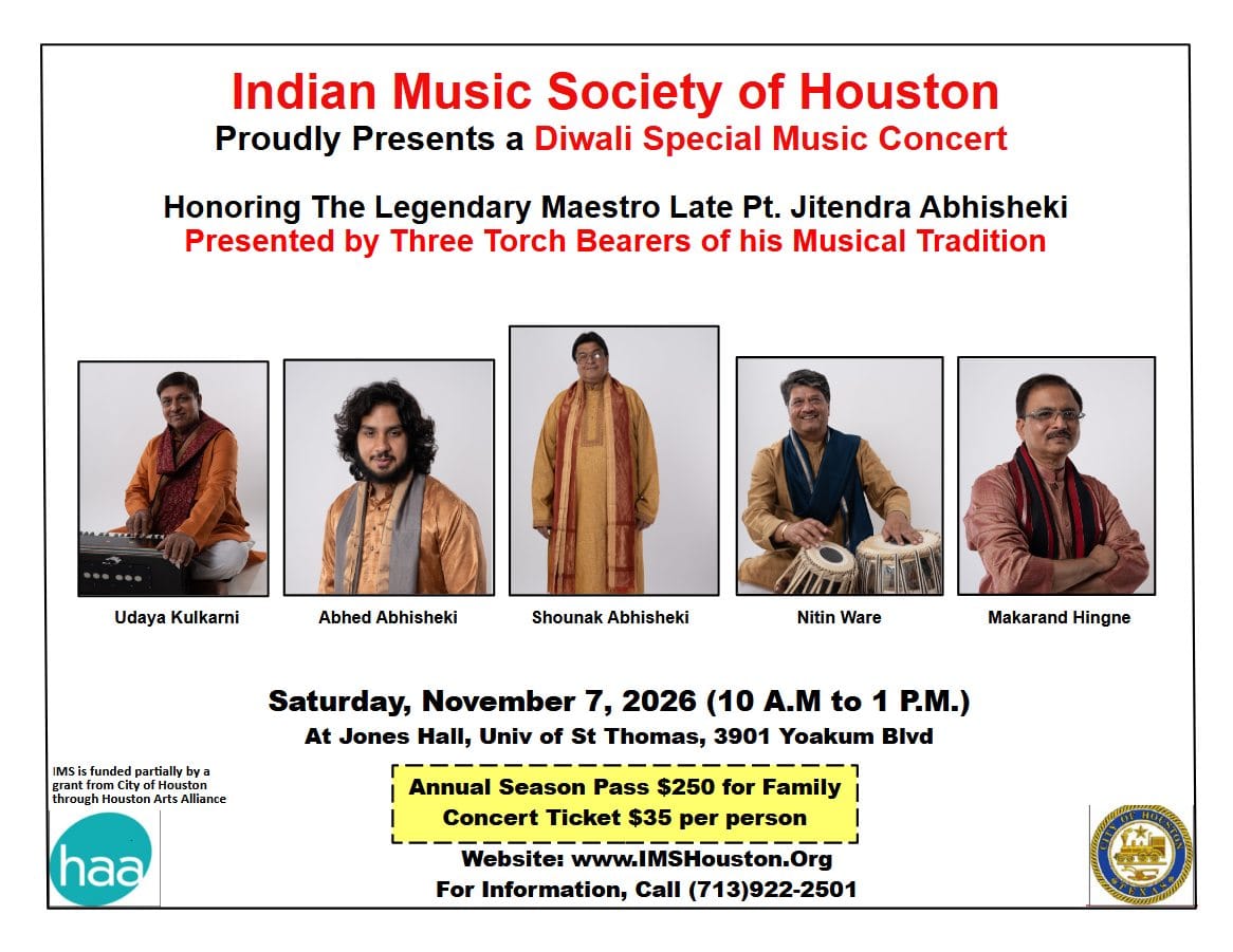 Official artwork for the Diwali Special Music Concert by Three Torch Bearers of Pt. Jitendra Abhisheki's musical tradition.