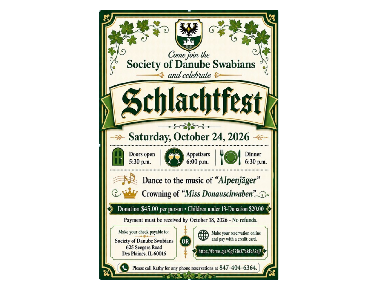 Official Schlachtfest flyer with the Society of Danube Swabians crest, October 24 date and dinner schedule