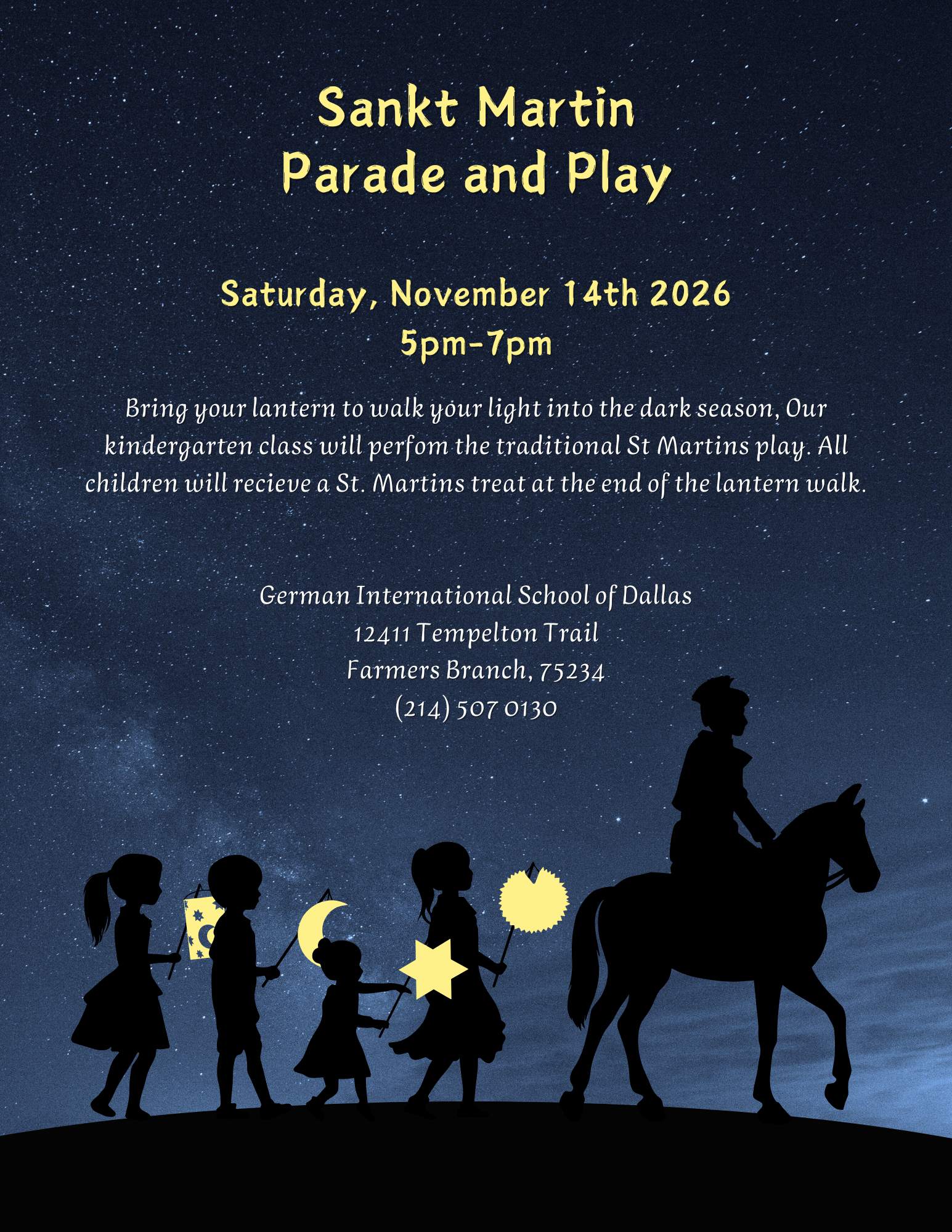 Official Sankt Martin poster for November 14, 2026, 5–7 PM at German International School of Dallas