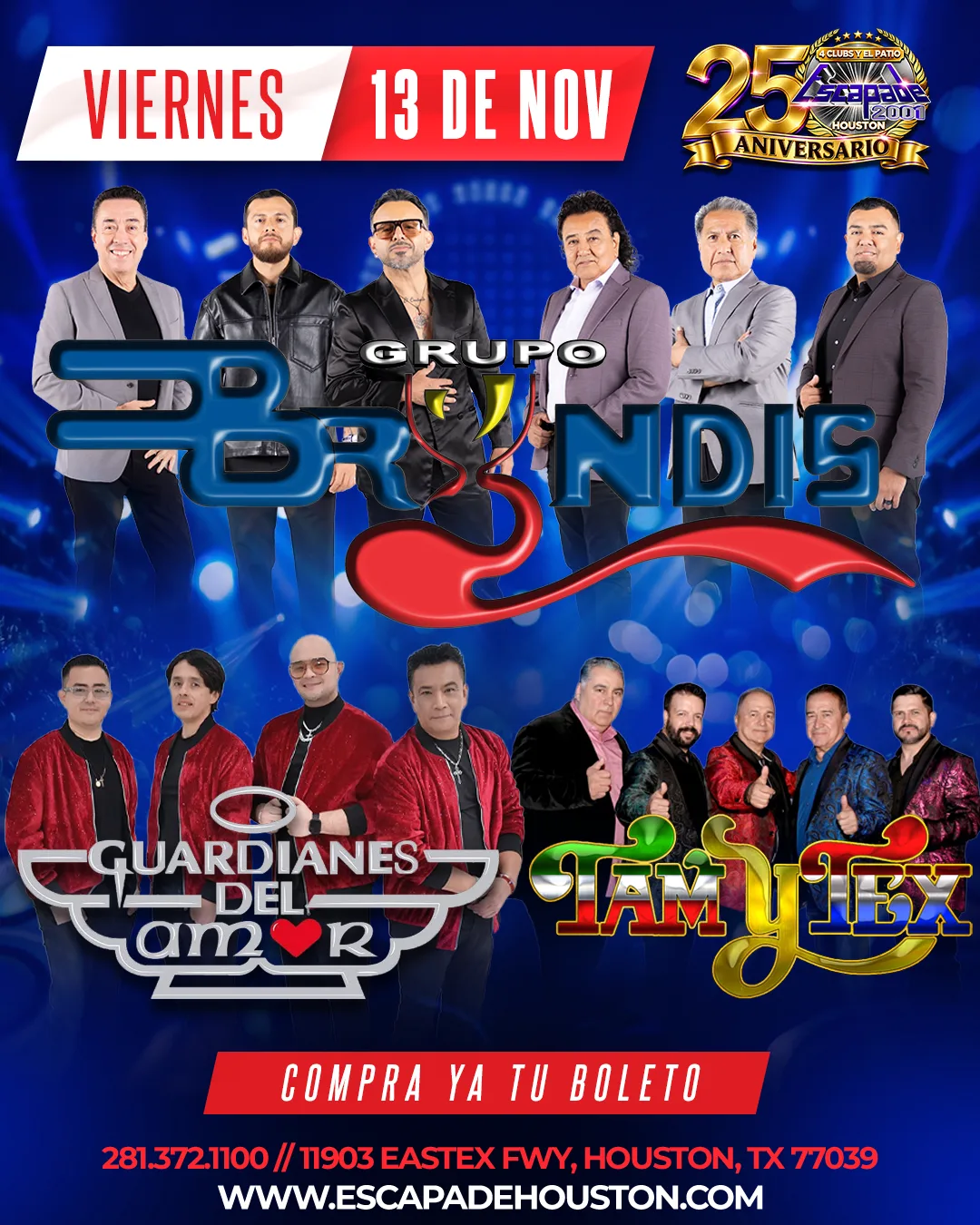Arte oficial del evento de Grupo Bryndis en Escapade 2001 Houston, según aparece en la página de origen.
