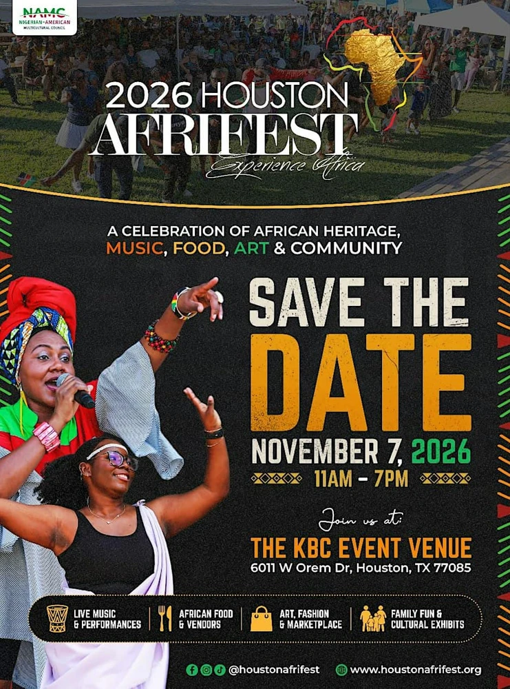 Official 2026 Houston AfriFEST poster with November 7 date and KBC venue.