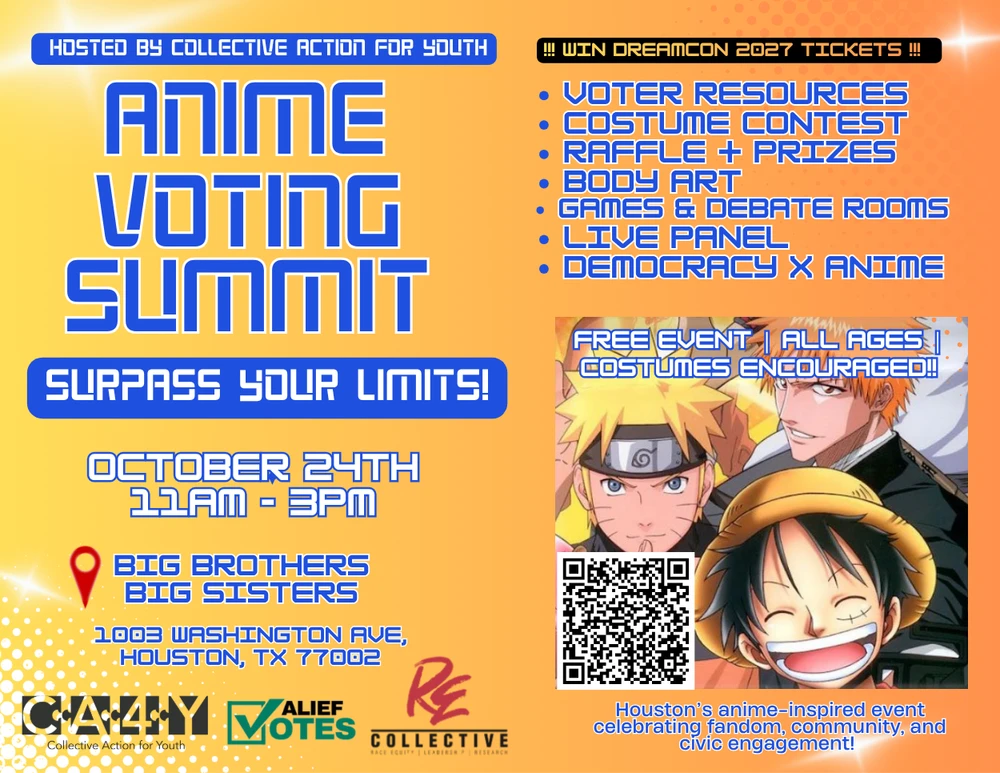 Official Anime Voting Summit flyer with anime characters, program details and the Washington Avenue address.