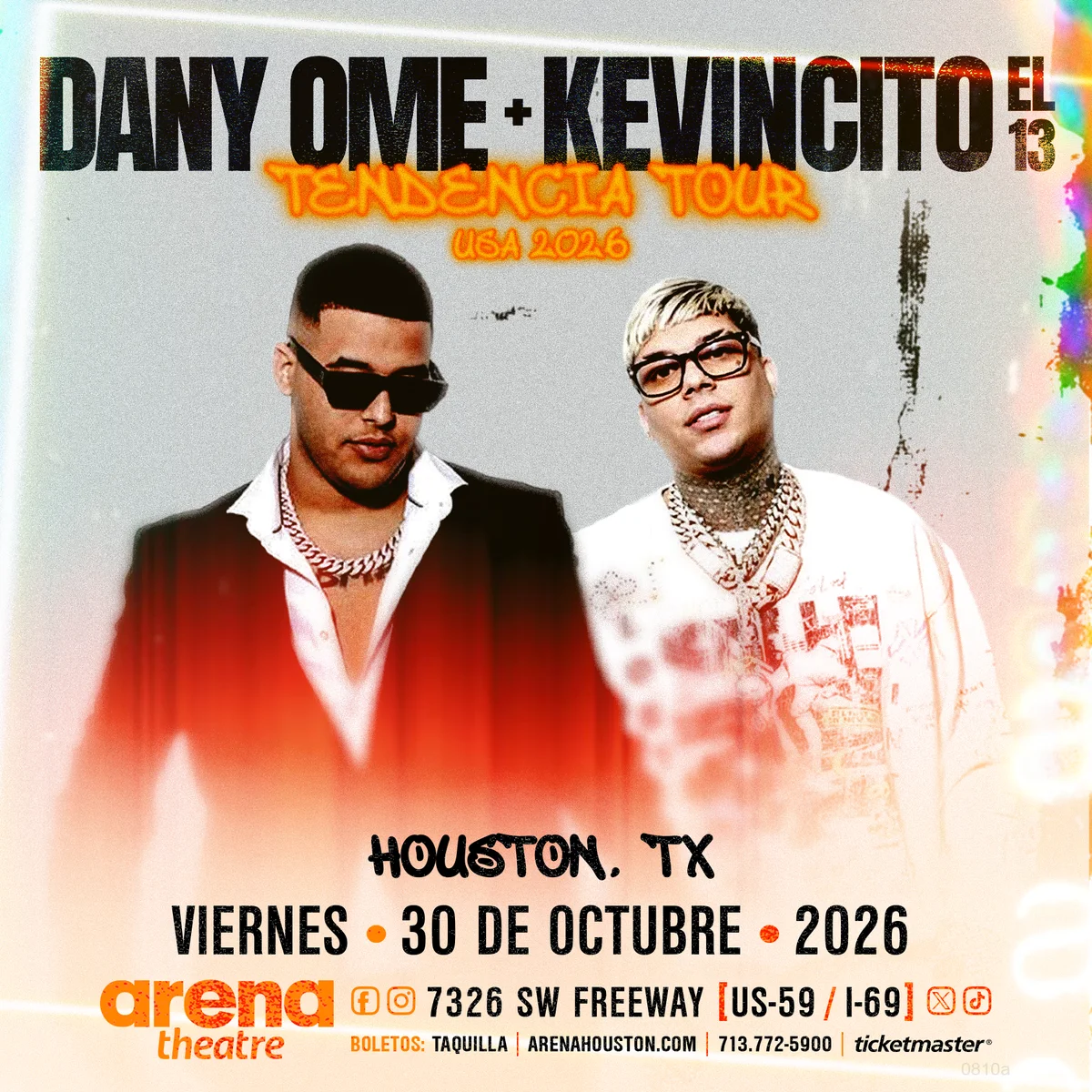 Official Arena Theatre poster for Dany Ome & Kevincito El 13 — Tendencia, dated 10/30/2026.