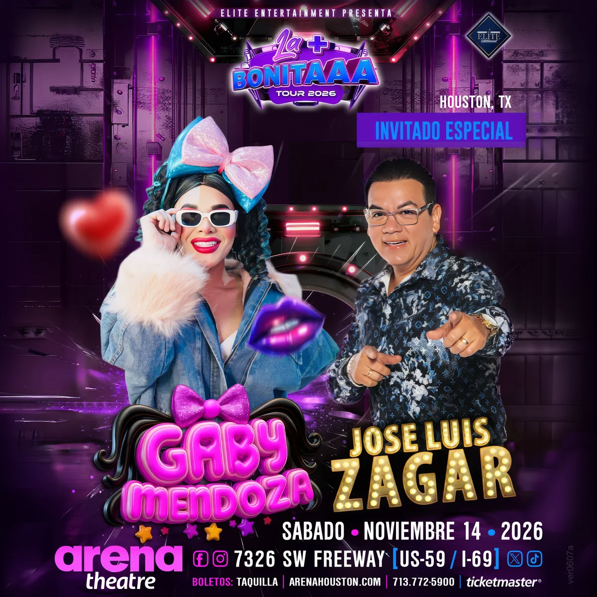 Official Arena Theatre poster for Gaby Mendoza & José Luis Zagar — La + Bonitaaa, dated 11/14/2026.