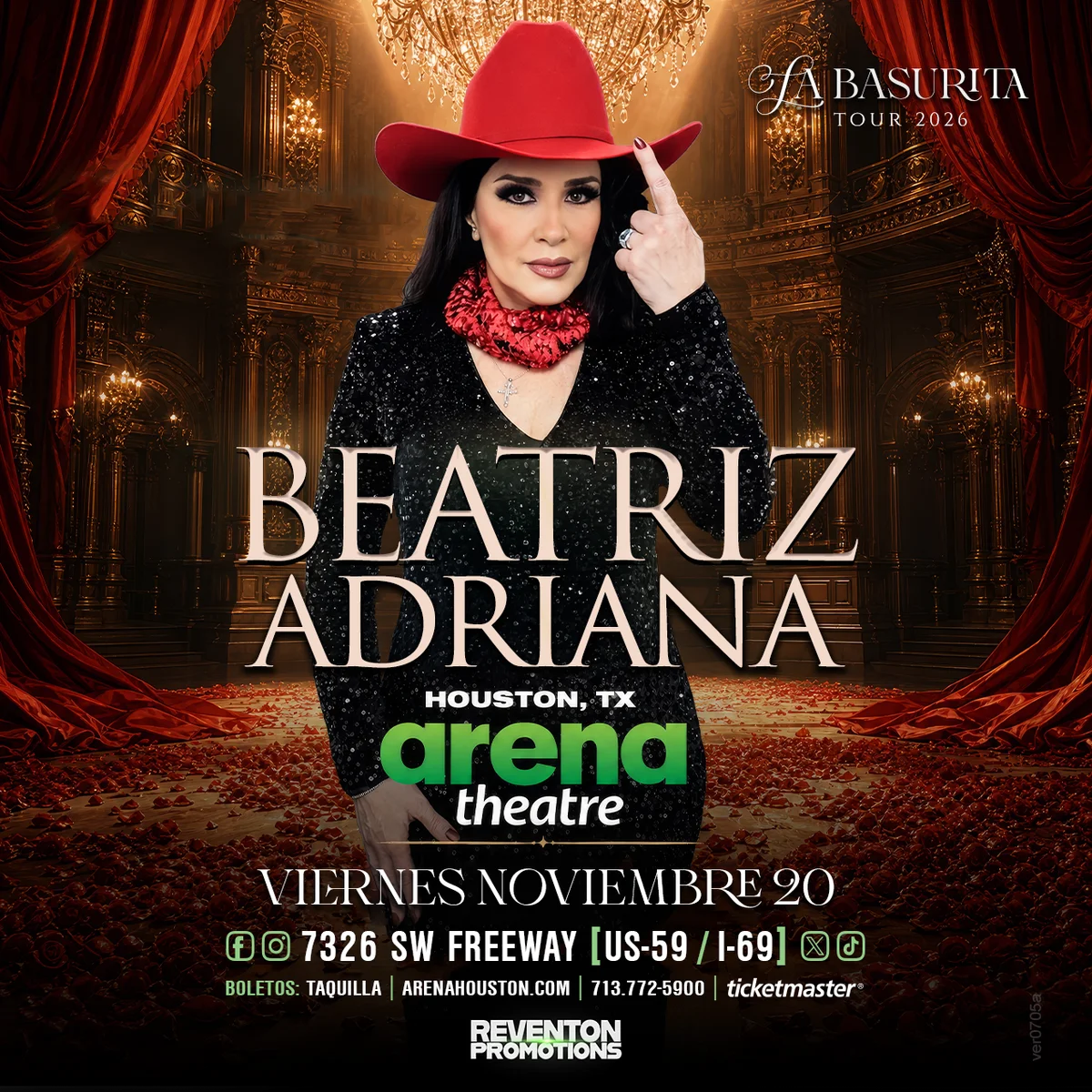 Official Arena Theatre poster for Beatriz Adriana — La Basurita, dated 11/20/2026.