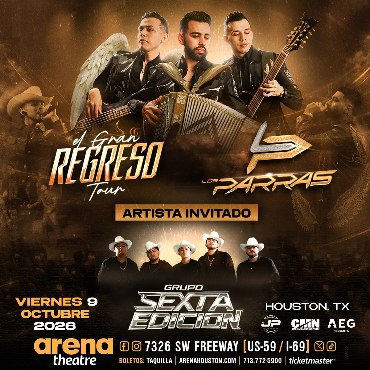 Official Arena Theatre poster for Los Parras & Grupo Sexta Edición, dated 10/09/2026.