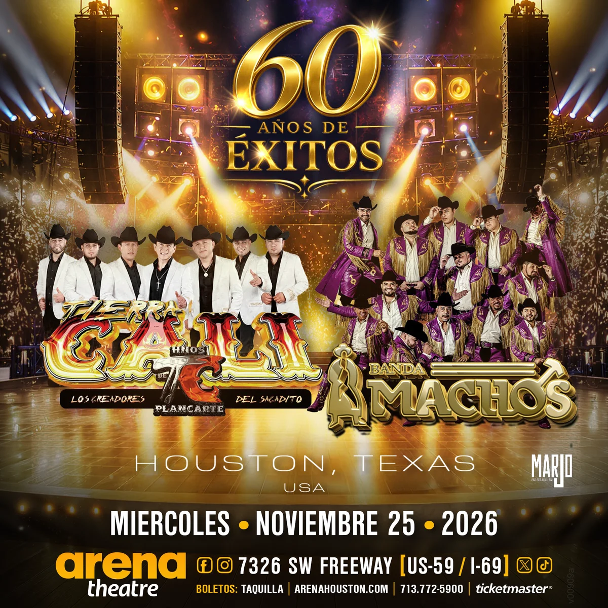 Official Arena Theatre poster for Hermanos Plancarte de TC & Banda Machos, dated 11/25/2026.