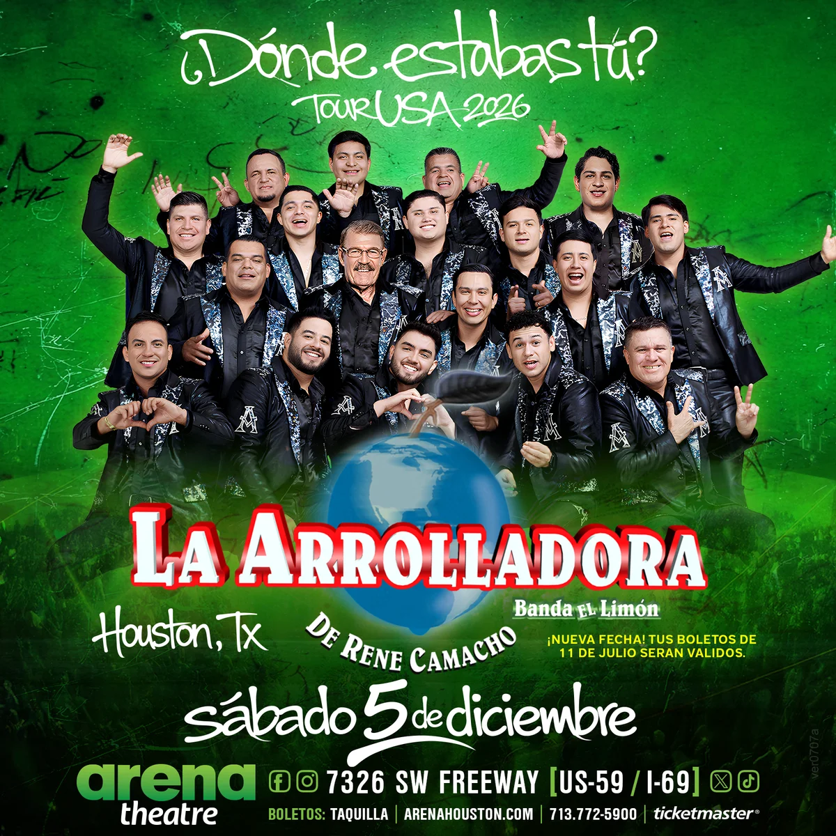 Official Arena Theatre poster for La Arrolladora Banda El Limón de René Camacho, dated 12/05/2026.