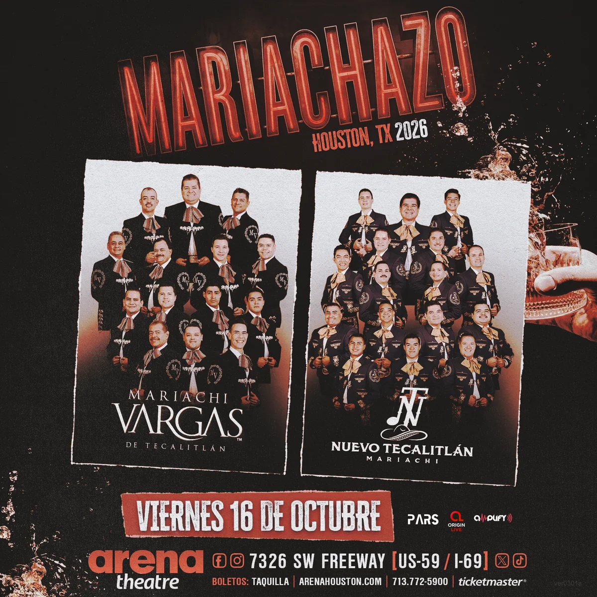 Official Arena Theatre poster for Mariachazo — Mariachi Vargas & Mariachi Nuevo Tecalitlán, dated 10/16/2026.