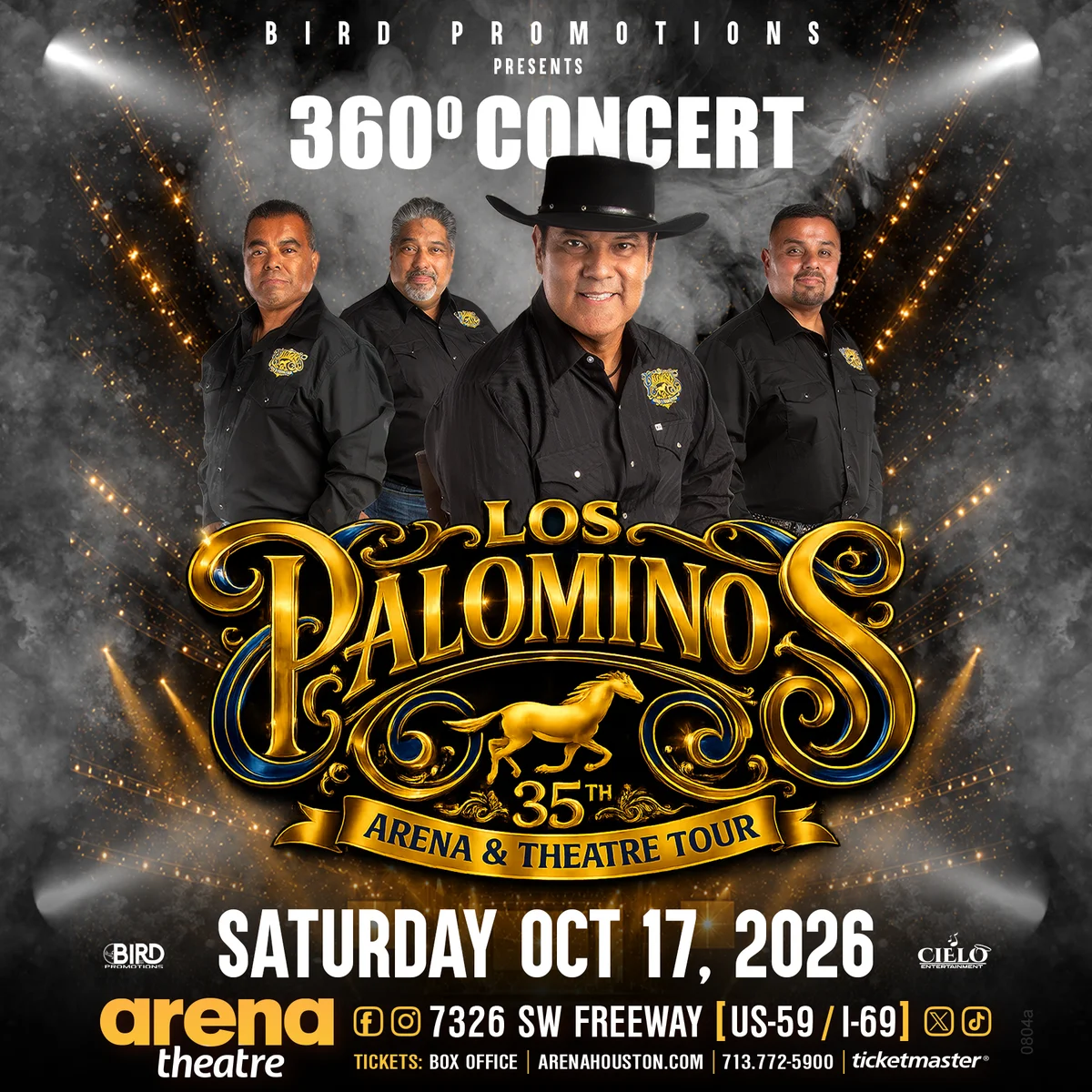 Official Arena Theatre poster for Los Palominos — 35th Anniversary, dated 10/17/2026.