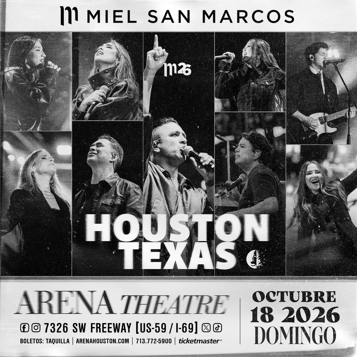 Official Arena Theatre poster for Miel San Marcos, dated 10/18/2026.