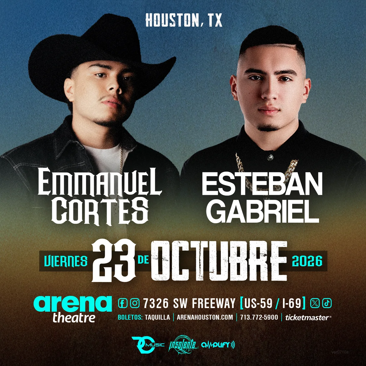 Official Arena Theatre poster for Emmanuel Cortés & Esteban Gabriel, dated 10/23/2026.
