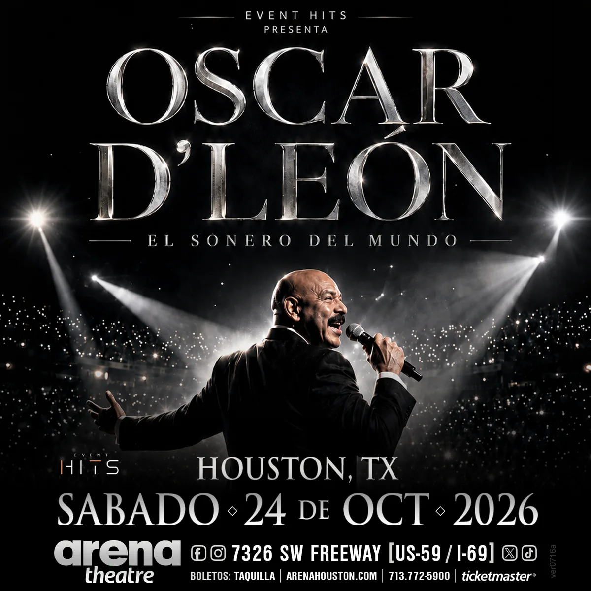 Cartel oficial de Arena Theatre para Oscar D’León — Rumbo a los 55, con fecha 24/10/2026.