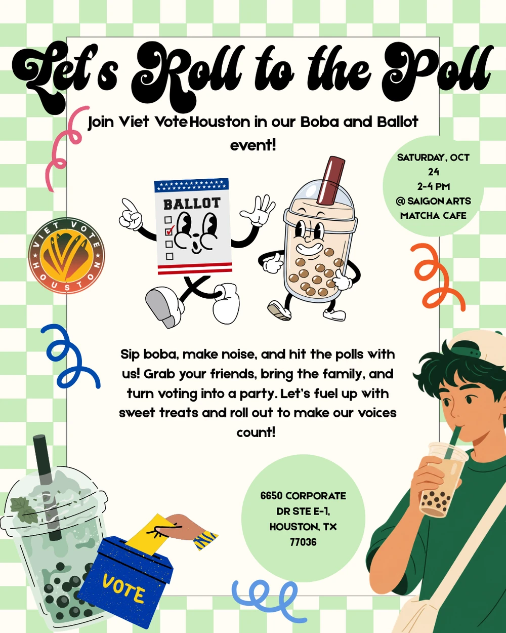 Official Boba and Ballot flyer with illustrated ballot and boba characters, date, time and café address.