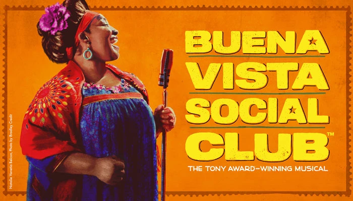 Official orange Buena Vista Social Club musical artwork with a singer at a microphone.