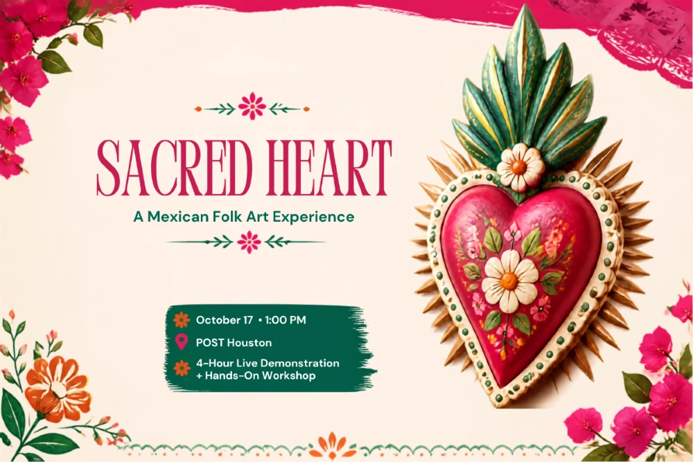 Official Mexican Cartonería Sacred Heart workshop poster.