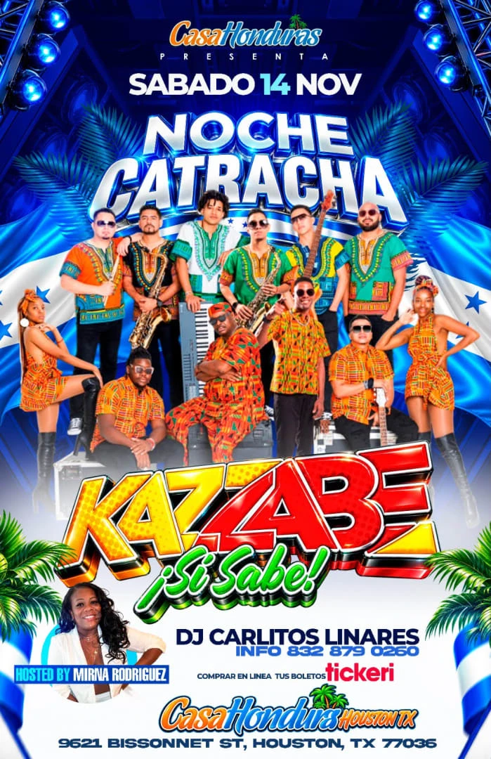 Cartel oficial de Kazzabe Noche Catracha con la banda y los datos de Casa Honduras.