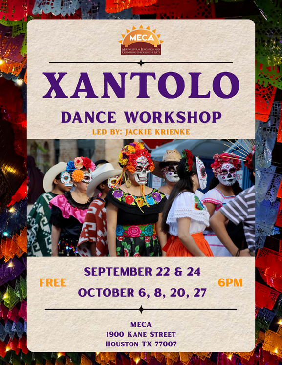 Cartel oficial del taller Xantolo de MECA con la instructora Jackie Krienke, fechas anunciadas, inicio a las 6 p. m. y dirección 1900 Kane Street.