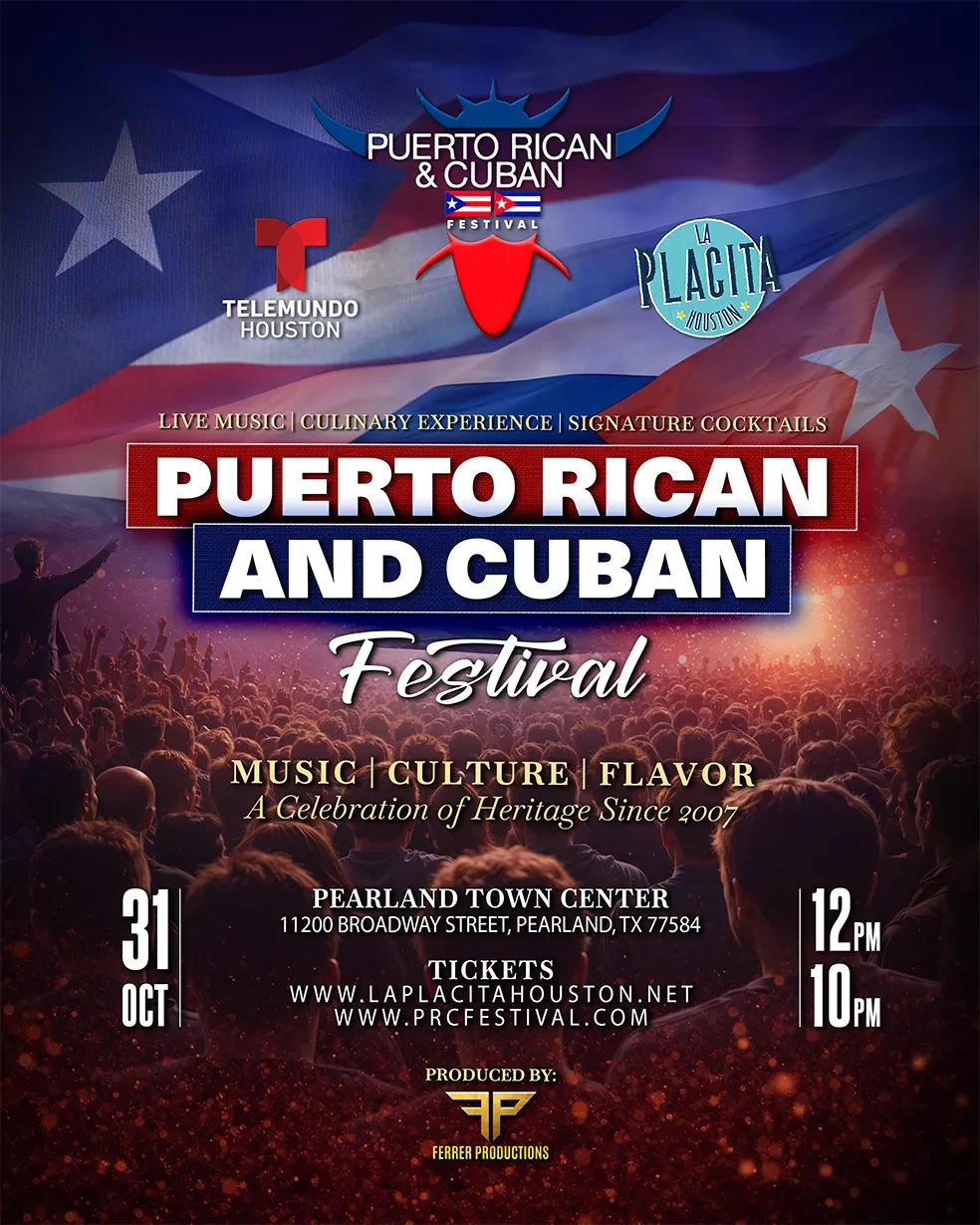 Official Puerto Rican & Cuban Festival flyer with October 31 and Pearland venue.