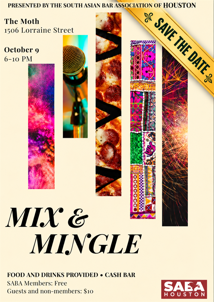 Official SABA Houston Mix & Mingle flyer showing October 9, 6–10 PM and The Moth address.