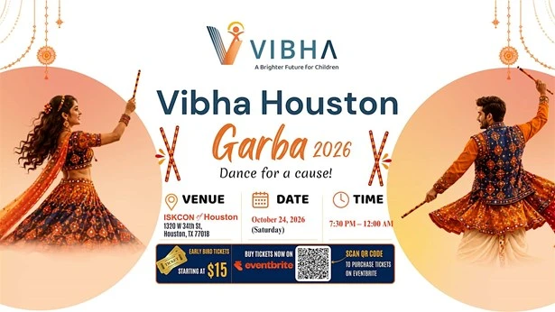 Official Vibha Houston Garba — Dance, Culture & Giving 2026 promotional artwork.