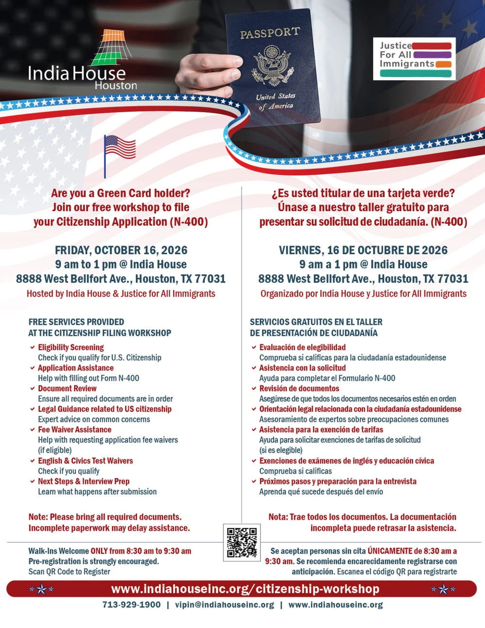 Official bilingual India House flyer confirming the October 16 citizenship workshop, address and walk-in window.